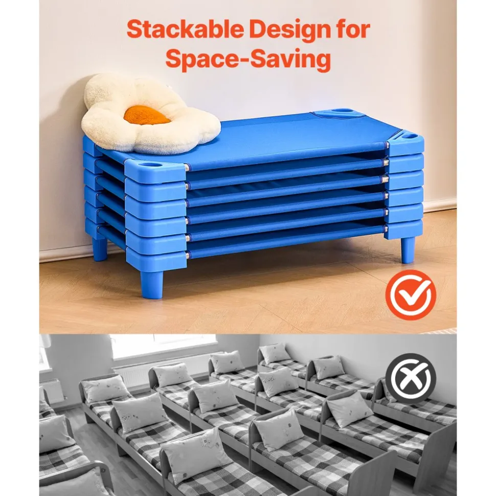 VEVOR Stackable Kiddie Cot, Pack of 6, Portable Toddler Nap Cots, Standard Size 40" L x 23" W Daycare Cots for Kids, Preschool Classroom Daycare Beds for Sleeping, Resting, Naptime, Blue