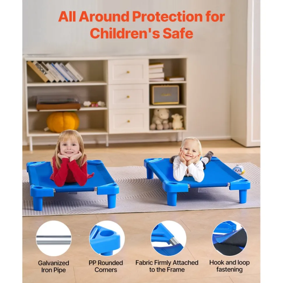 VEVOR Stackable Kiddie Cot, Pack of 6, Portable Toddler Nap Cots, Standard Size 40" L x 23" W Daycare Cots for Kids, Preschool Classroom Daycare Beds for Sleeping, Resting, Naptime, Blue