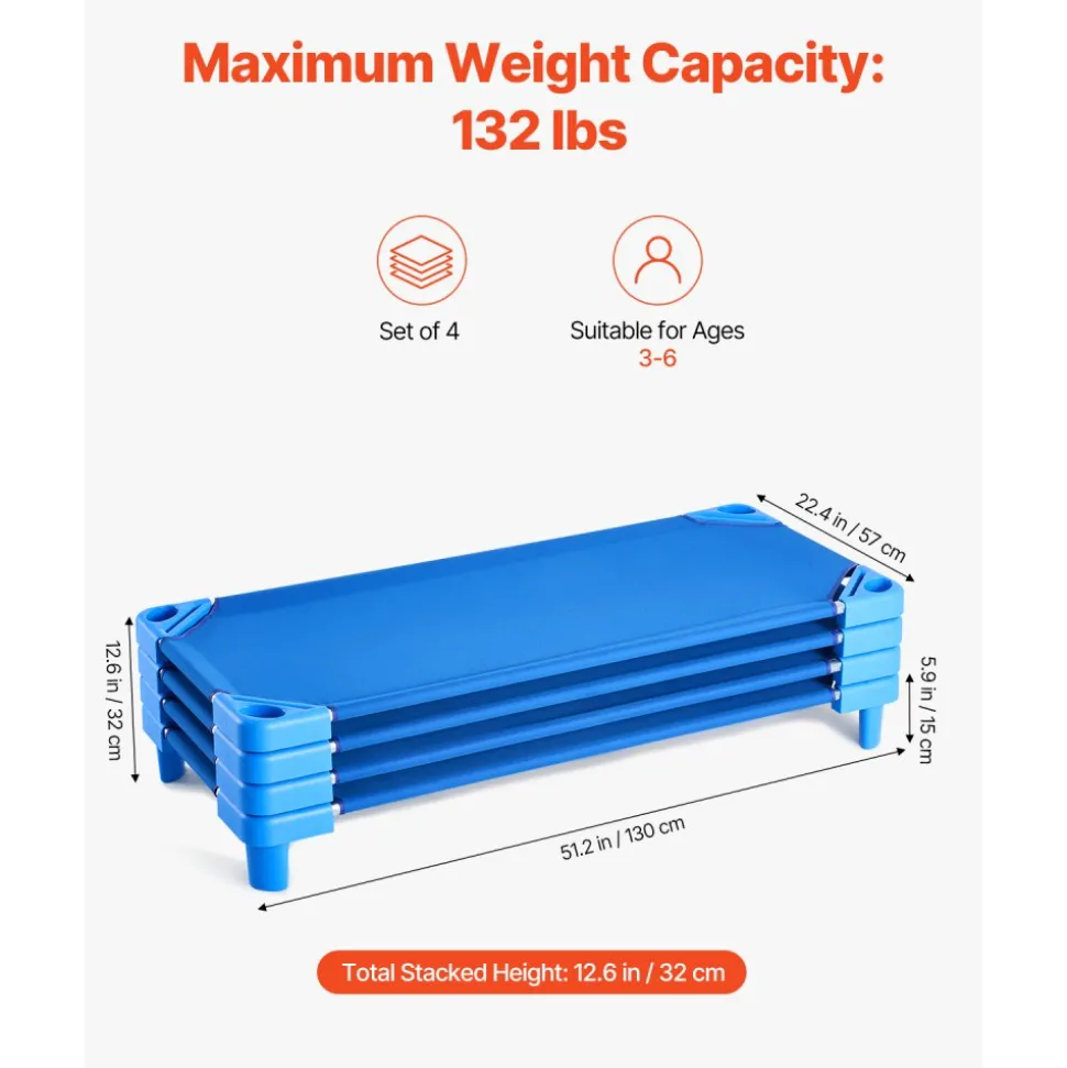 VEVOR Stackable Kiddie Cot, Pack of 6, Portable Toddler Nap Cots, Standard Size 52" L x 23" W Daycare Cots for Kids, Preschool Classroom Daycare Beds for Sleeping, Resting, Naptime, Blue