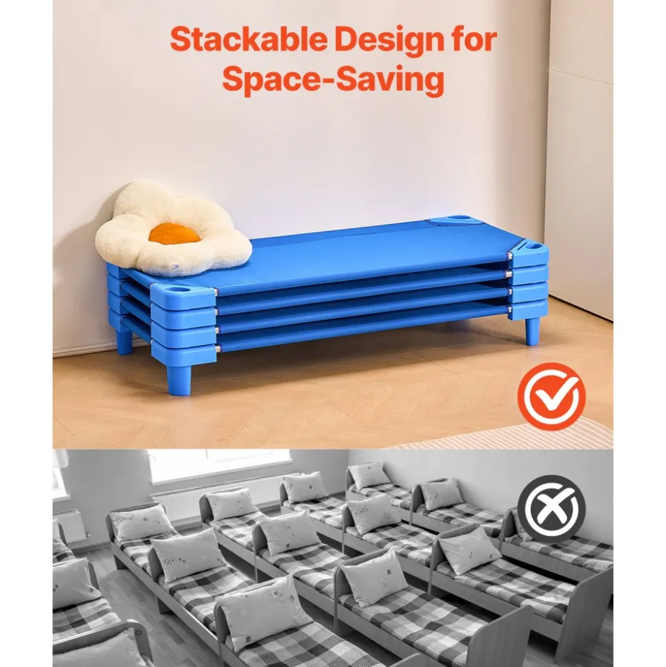 VEVOR Stackable Kiddie Cot, Pack of 6, Portable Toddler Nap Cots, Standard Size 52" L x 23" W Daycare Cots for Kids, Preschool Classroom Daycare Beds for Sleeping, Resting, Naptime, Blue