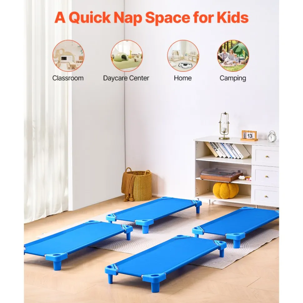 VEVOR Stackable Kiddie Cot, Pack of 6, Portable Toddler Nap Cots, Standard Size 52" L x 23" W Daycare Cots for Kids, Preschool Classroom Daycare Beds for Sleeping, Resting, Naptime, Blue