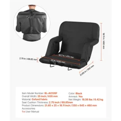 VEVOR Stadium Seat, 6 Adjustable Angle Bleacher Chair, 2.75'' Cushion Stadium Seat with Back Support and Armrest, Wide Bleacher Chair with Hook Pocket Cupholder for Picnics, Beach Sports, and Gaming