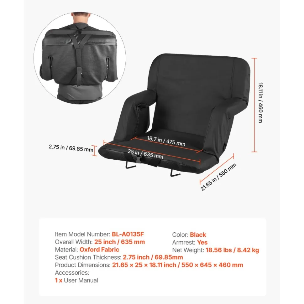 VEVOR Stadium Seat, 6 Adjustable Angle Bleacher Chair, 2.75'' Cushion Stadium Seat with Back Support and Armrest, Wide Bleacher Chair with Hook Pocket Cupholder for Picnics, Beach Sports, and Gaming