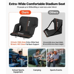 VEVOR Stadium Seat, 6 Adjustable Angle Bleacher Chair, 2.9'' Cushion Stadium Seat with Back Support and Armrest, Wide Bleacher Chair with Hook Pocket Cupholder for Picnics, Beach Sports, and Gaming