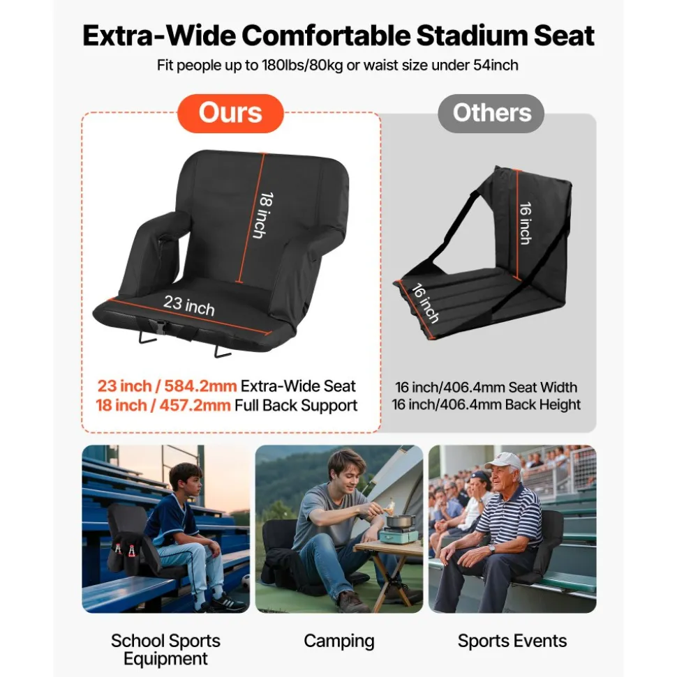 VEVOR Stadium Seat, 6 Adjustable Angle Bleacher Chair, 2.9'' Cushion Stadium Seat with Back Support and Armrest, Wide Bleacher Chair with Hook Pocket Cupholder for Picnics, Beach Sports, and Gaming