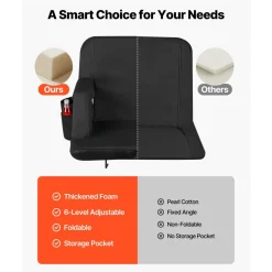 VEVOR Stadium Seat, 6 Adjustable Angle Bleacher Chair, 2.9'' Cushion Stadium Seat with Back Support and Armrest, Wide Bleacher Chair with Hook Pocket Cupholder for Picnics, Beach Sports, and Gaming