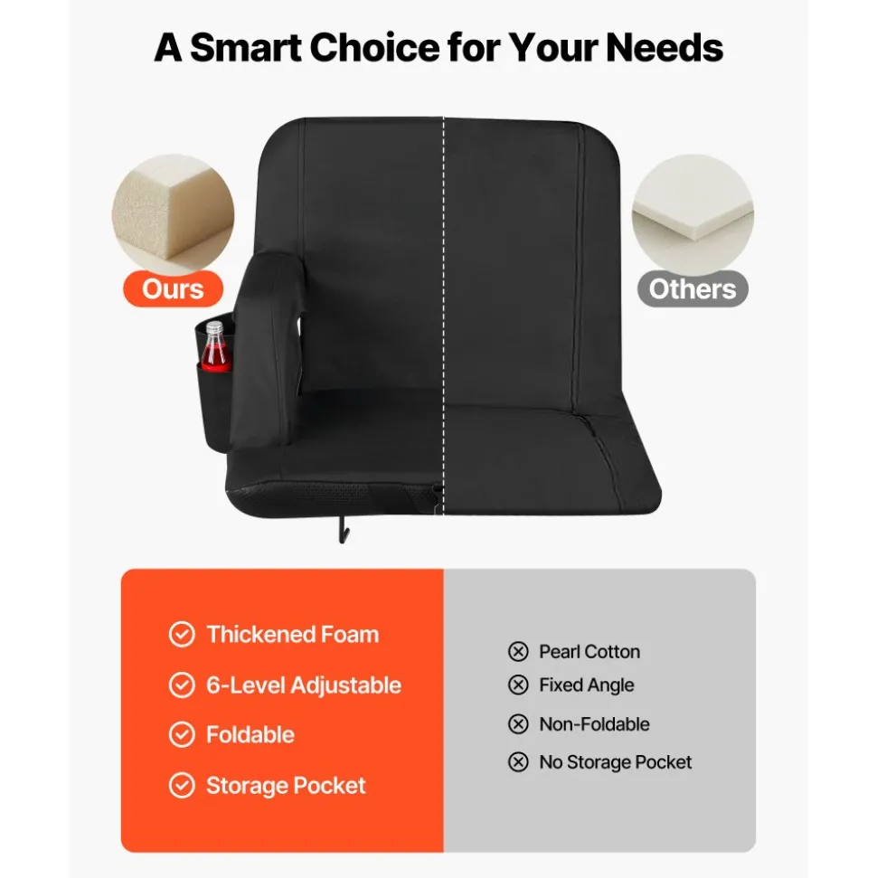 VEVOR Stadium Seat, 6 Adjustable Angle Bleacher Chair, 2.9'' Cushion Stadium Seat with Back Support and Armrest, Wide Bleacher Chair with Hook Pocket Cupholder for Picnics, Beach Sports, and Gaming