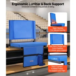 VEVOR Stadium Seat, Folding Bleacher Chair with Back Support and Thick Cushion, Padded Stadium Seat for Bleacher Includes Shoulder Strap, Hooks, Cup Holder, and Side Pocket, Blue Bleachers Chair