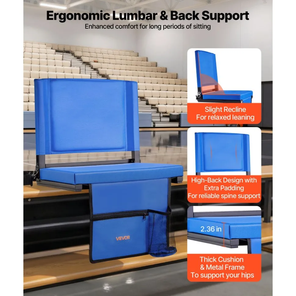 VEVOR Stadium Seat, Folding Bleacher Chair with Back Support and Thick Cushion, Padded Stadium Seat for Bleacher Includes Shoulder Strap, Hooks, Cup Holder, and Side Pocket, Blue Bleachers Chair