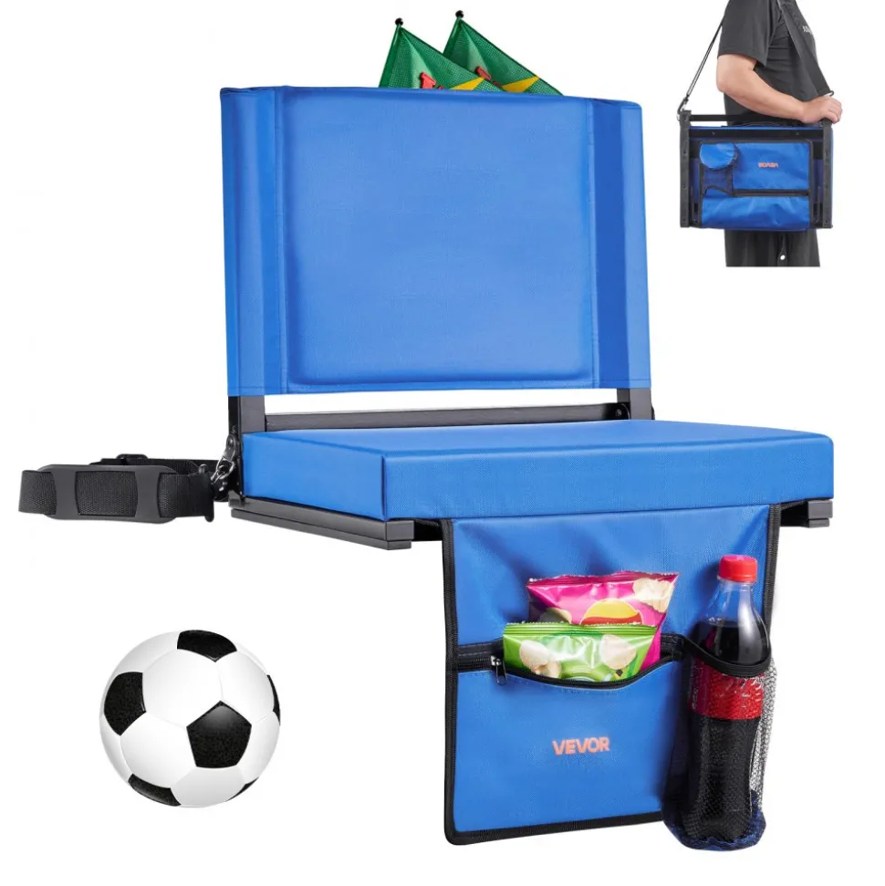 VEVOR Stadium Seat, Folding Bleacher Chair with Back Support and Thick Cushion, Padded Stadium Seat for Bleacher Includes Shoulder Strap, Hooks, Cup Holder, and Side Pocket, Blue Bleachers Chair