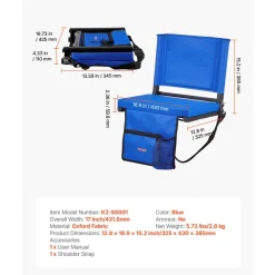 VEVOR Stadium Seat, Folding Bleacher Chair with Back Support and Thick Cushion, Padded Stadium Seat for Bleacher Includes Shoulder Strap, Hooks, Cup Holder, and Side Pocket, Blue Bleachers Chair