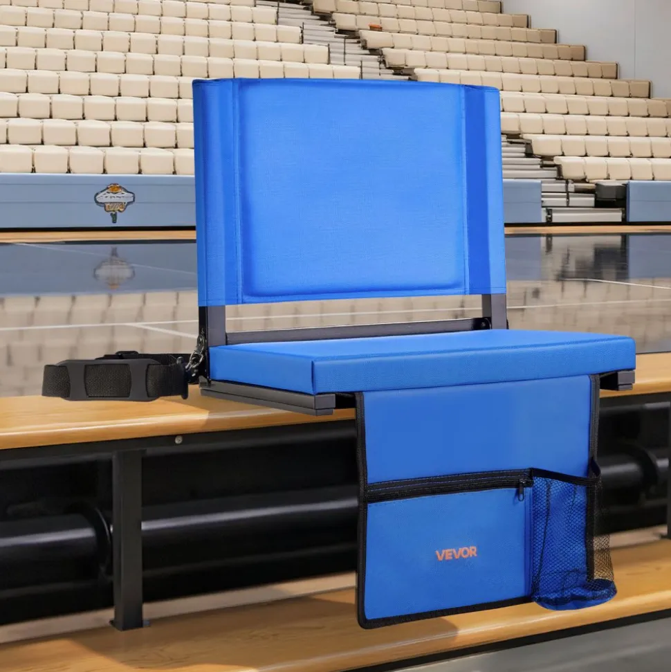 VEVOR Stadium Seat, Folding Bleacher Chair with Back Support and Thick Cushion, Padded Stadium Seat for Bleacher Includes Shoulder Strap, Hooks, Cup Holder, and Side Pocket, Blue Bleachers Chair
