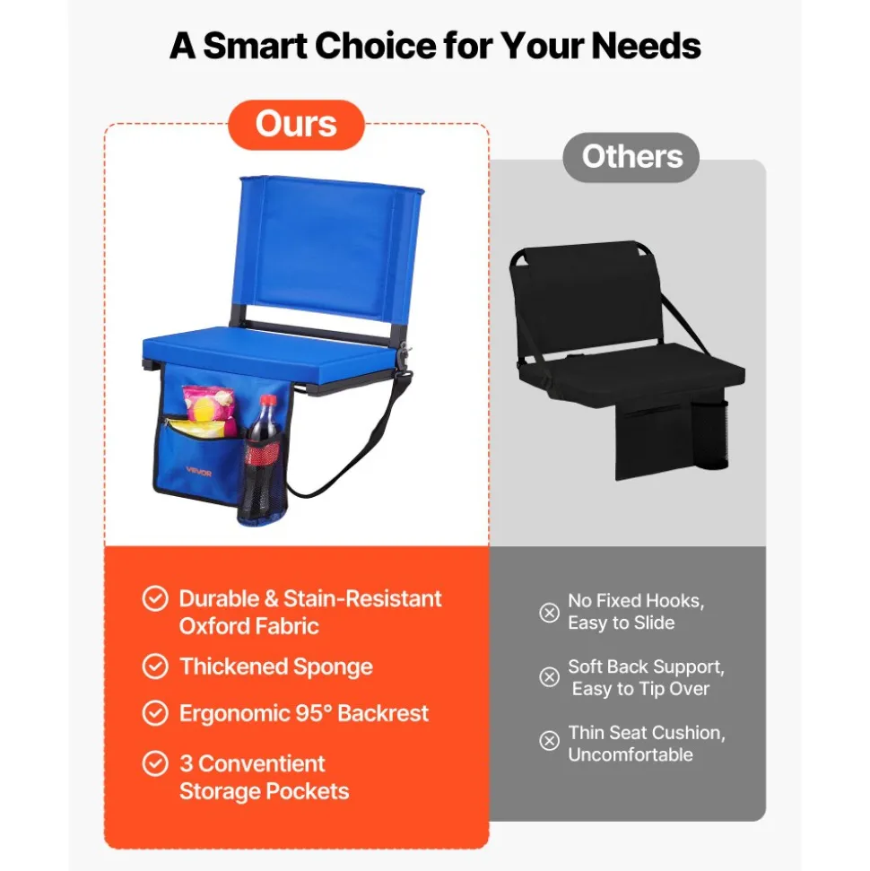 VEVOR Stadium Seat, Folding Bleacher Chair with Back Support and Thick Cushion, Padded Stadium Seat for Bleacher Includes Shoulder Strap, Hooks, Cup Holder, and Side Pocket, Blue Bleachers Chair