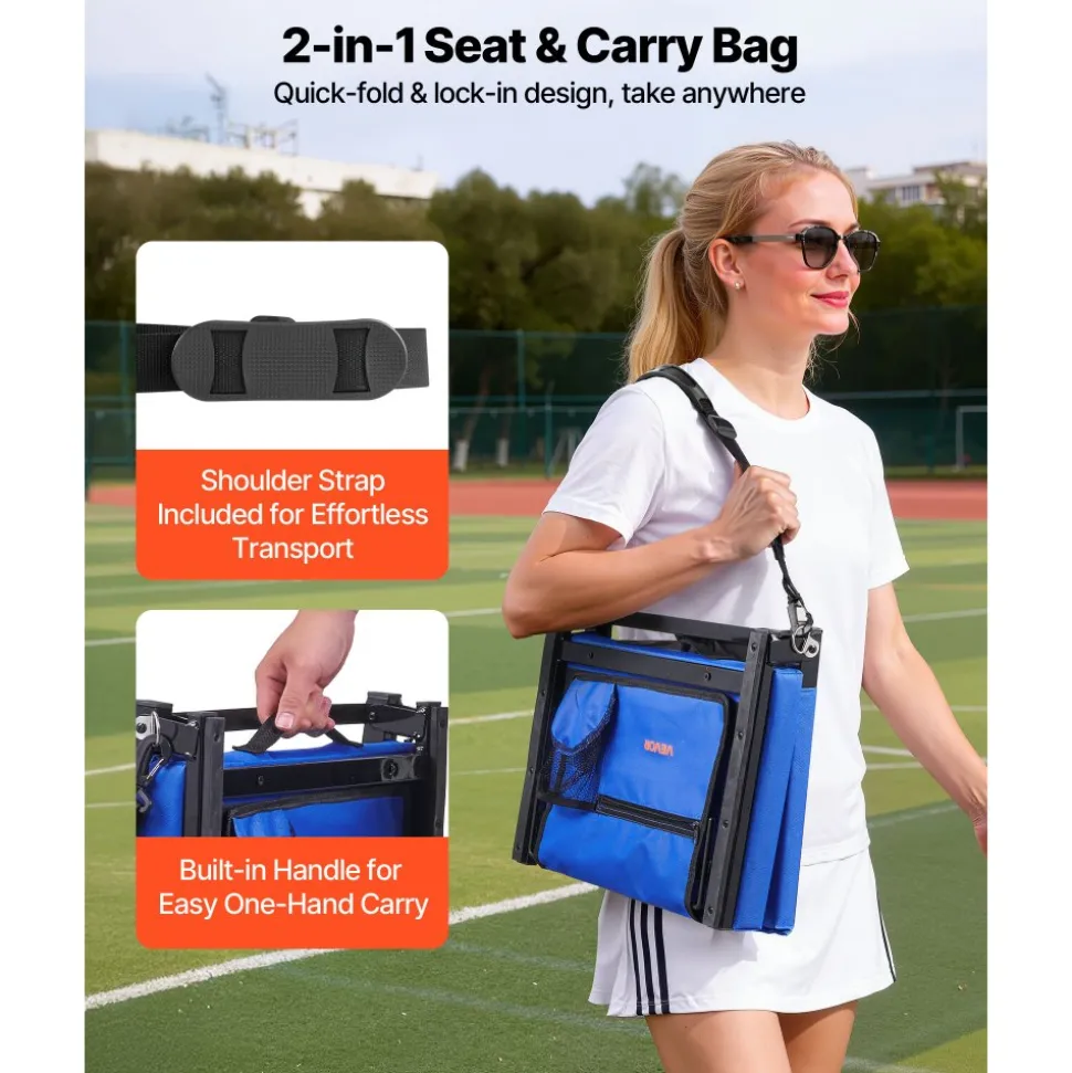 VEVOR Stadium Seat, Folding Bleacher Chair with Back Support and Thick Cushion, Padded Stadium Seat for Bleacher Includes Shoulder Strap, Hooks, Cup Holder, and Side Pocket, Blue Bleachers Chair