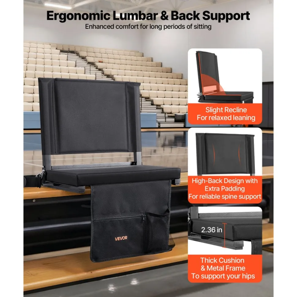 VEVOR Stadium Seat, Folding Bleacher Chair with Back Support and Thick Cushion, Padded Stadium Seat for Bleacher Includes Shoulder Strap, Hooks, Cup Holder, and Side Pocket, Black Bleachers Chair