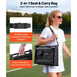 VEVOR Stadium Seat, Folding Bleacher Chair with Back Support and Thick Cushion, Padded Stadium Seat for Bleacher Includes Shoulder Strap, Hooks, Cup Holder, and Side Pocket, Black Bleachers Chair
