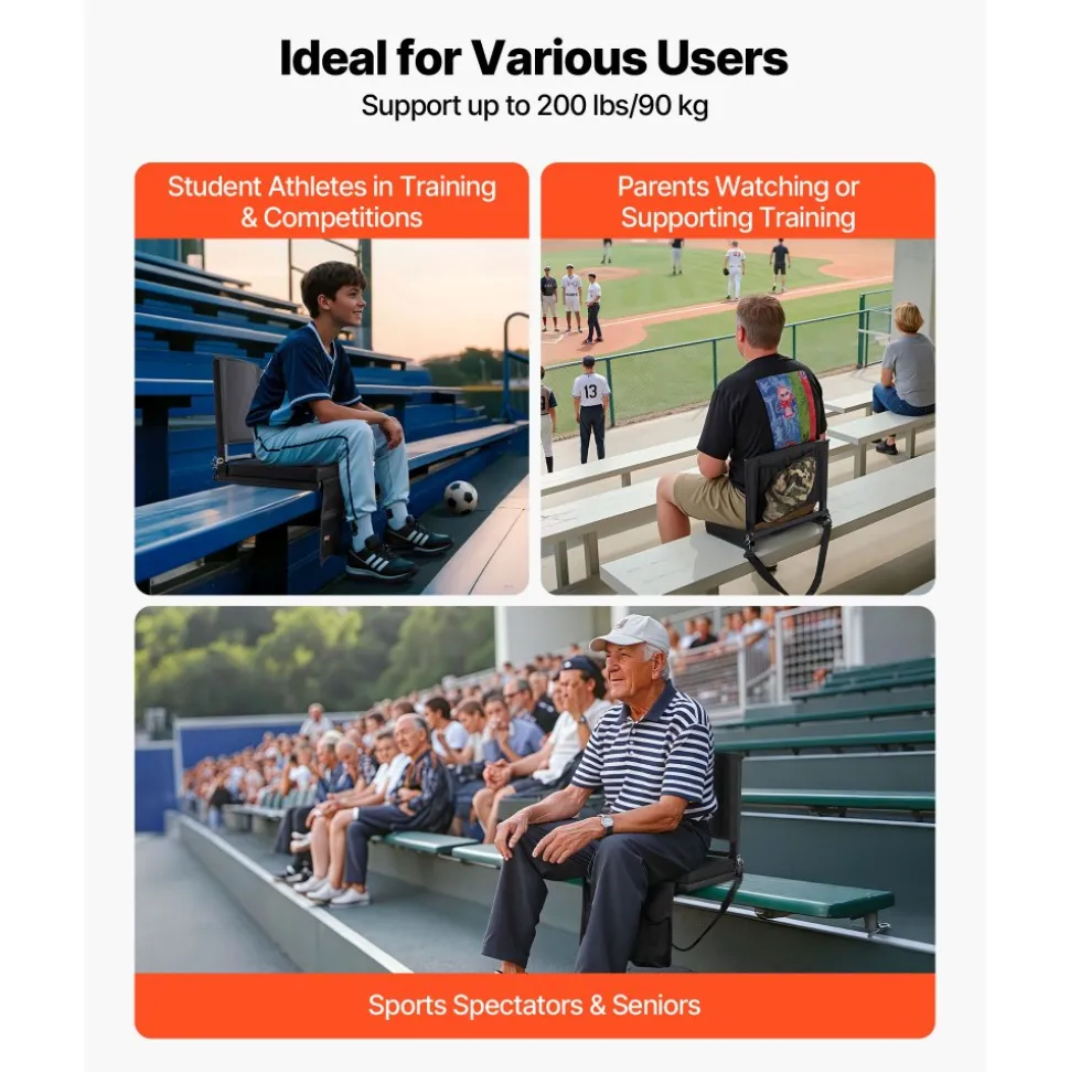 VEVOR Stadium Seat, Folding Bleacher Chair with Back Support and Thick Cushion, Padded Stadium Seat for Bleacher Includes Shoulder Strap, Hooks, Cup Holder, and Side Pocket, Black Bleachers Chair