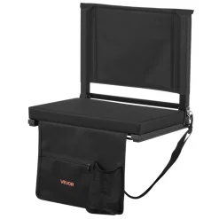 VEVOR Stadium Seat, Folding Bleacher Chair with Back Support and Thick Cushion, Padded Stadium Seat for Bleacher Includes Shoulder Strap, Hooks, Cup Holder, and Side Pocket, Black Bleachers Chair
