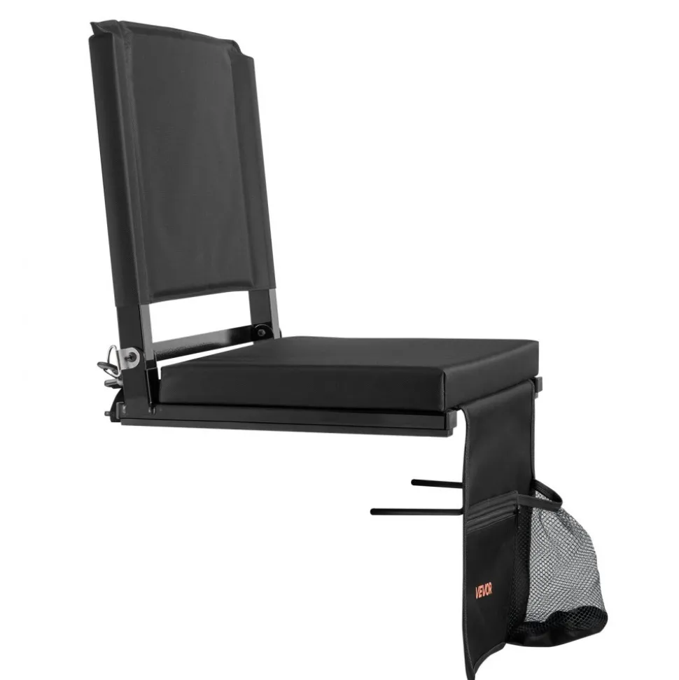 VEVOR Stadium Seat, Folding Bleacher Chair with Back Support and Thick Cushion, Padded Stadium Seat for Bleacher Includes Shoulder Strap, Hooks, Cup Holder, and Side Pocket, Black Bleachers Chair
