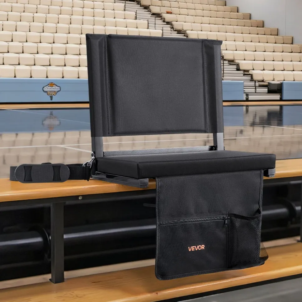 VEVOR Stadium Seat, Folding Bleacher Chair with Back Support and Thick Cushion, Padded Stadium Seat for Bleacher Includes Shoulder Strap, Hooks, Cup Holder, and Side Pocket, Black Bleachers Chair