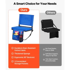 VEVOR Stadium Seat, Folding Bleacher Seat with Back Support and Thick Cushion, Padded Stadium Seats for Bleacher Includes Shoulder Strap, Hooks, Cup Holder, and Side Pocket, Black Bleachers Chair