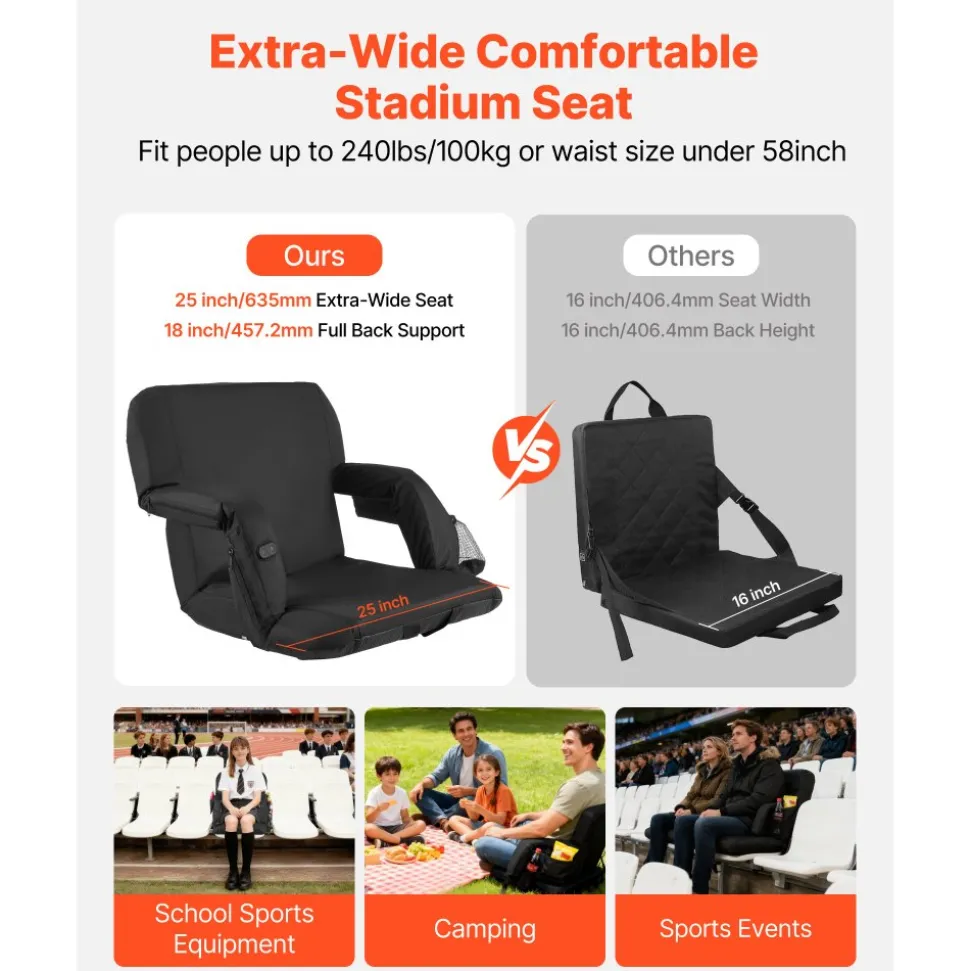 VEVOR Stadium Seat, 25 inch Heated Stadium Chair, Bleacher Seat Heated with 4 Pockets for Bleachers, 3 Level Heating & 6 Modes Vibration Portable Heating Stadiums Chair for Camping, Sports Events