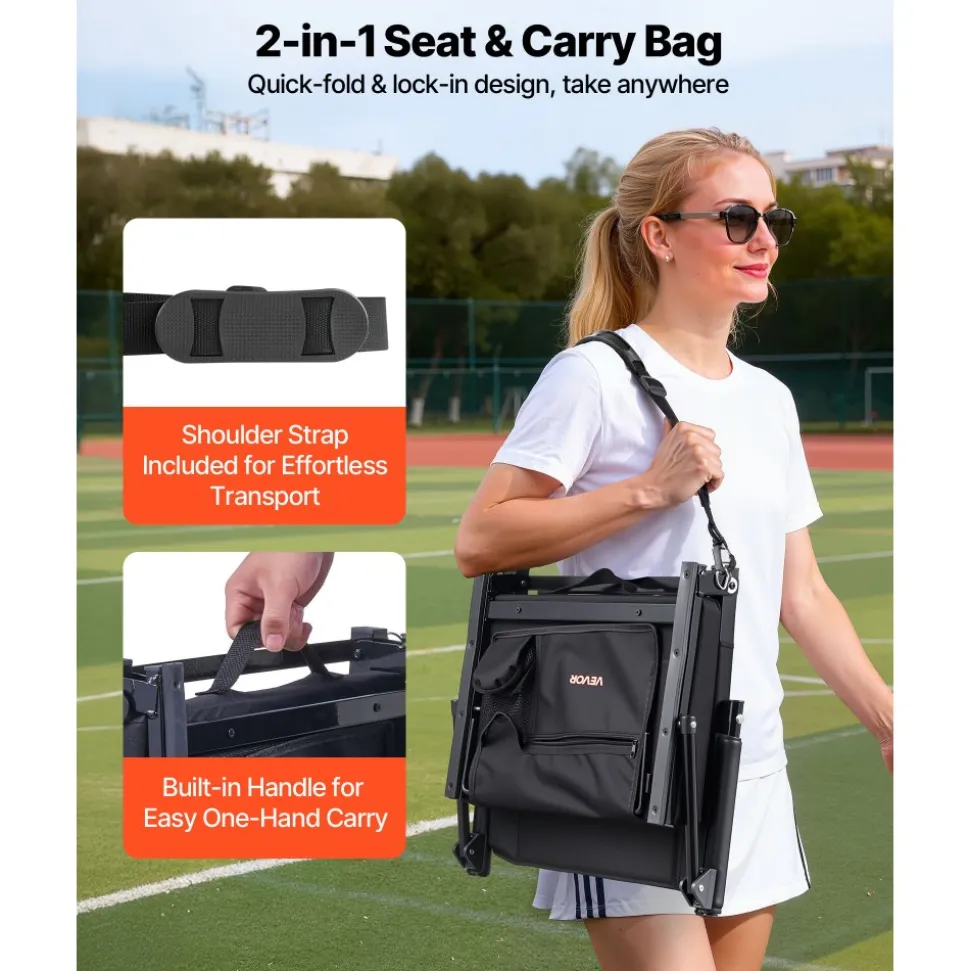 VEVOR Stadium Seat, Portable Bleacher Seat with Armrest, Back Support and Thick Cushion, Bench Chair for Bleacher Includes Shoulder Strap, Hooks, Cup Holder, Black Football Bleachers Seats, 2PCS