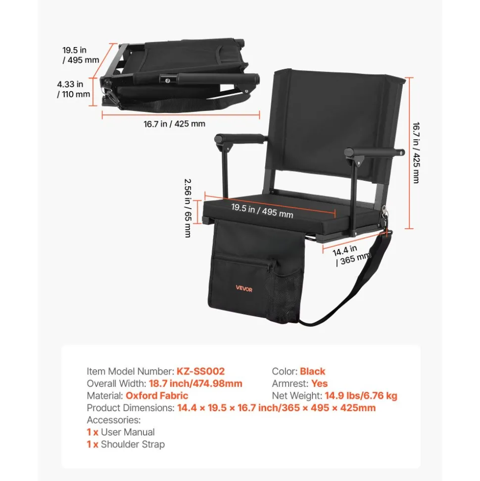 VEVOR Stadium Seat, Portable Bleacher Seat with Armrest, Back Support and Thick Cushion, Bench Chair for Bleacher Includes Shoulder Strap, Hooks, Cup Holder, Black Football Bleachers Seats, 2PCS