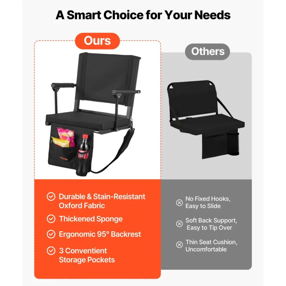 VEVOR Stadium Seat, Portable Bleacher Seat with Armrest, Back Support and Thick Cushion, Bench Chair for Bleacher Includes Shoulder Strap, Hooks, Cup Holder, Black Football Bleachers Seats, 1PCS