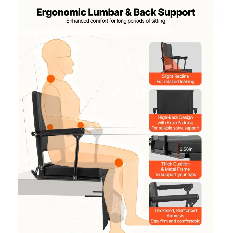 VEVOR Stadium Seat, Portable Bleacher Seat with Armrest, Back Support and Thick Cushion, Bench Chair for Bleacher Includes Shoulder Strap, Hooks, Cup Holder, Black Football Bleachers Seats, 1PCS