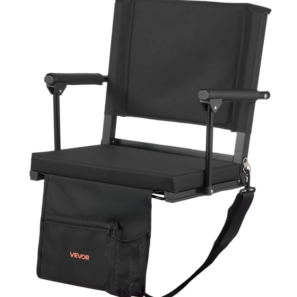 VEVOR Stadium Seat, Portable Bleacher Seat with Armrest, Back Support and Thick Cushion, Bench Chair for Bleacher Includes Shoulder Strap, Hooks, Cup Holder, Black Football Bleachers Seats, 1PCS