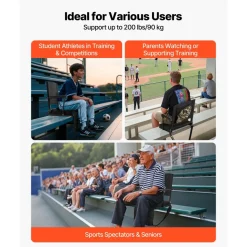 VEVOR Stadium Seat, Portable Bleacher Seat with Armrest, Back Support and Thick Cushion, Bench Chair for Bleacher Includes Shoulder Strap, Hooks, Cup Holder, Black Football Bleachers Seats, 1PCS