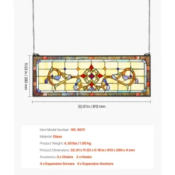 VEVOR Stained Glass Window Panel, 26 x 16 in, Tiffany Style Hanging Transom Window Panel with Chain, Large Horizontal Rectangle Stain Glass, Vintage Traditional Art Handcrafts for Kitchen Home Decor