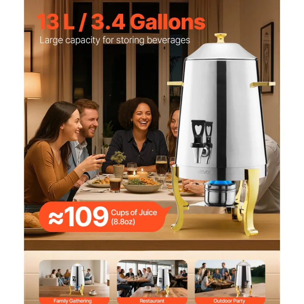VEVOR Stainless Steel Beverage Dispenser, 3.4 Gallon Drink Dispenser with Alcohol Burner, Hot & Cold Drink Dispensers with Spigot for Coffee Tea Hot Water, Ideal for Restaurants, Hotels, Parties