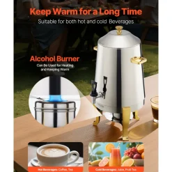 VEVOR Stainless Steel Beverage Dispenser, 3.4 Gallon Drink Dispenser with Alcohol Burner, Hot & Cold Drink Dispensers with Spigot for Coffee Tea Hot Water, Ideal for Restaurants, Hotels, Parties
