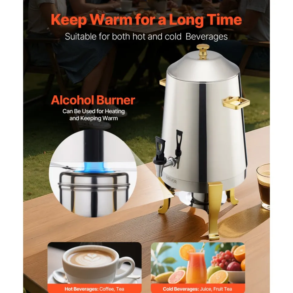 VEVOR Stainless Steel Beverage Dispenser, 3.4 Gallon Drink Dispenser with Alcohol Burner, Hot & Cold Drink Dispensers with Spigot for Coffee Tea Hot Water, Ideal for Restaurants, Hotels, Parties