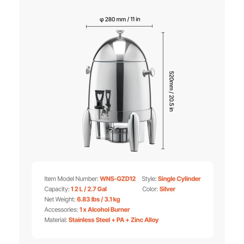VEVOR Stainless Steel Beverage Dispenser, 2.7 Gallon Drink Dispenser with Alcohol Burner, Hot & Cold Drink Dispensers for Coffee Tea Hot Water, with Spigot Ice Tube, for Restaurants, Hotels, Parties