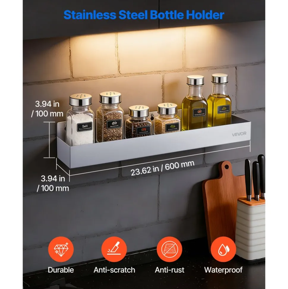 VEVOR Stainless Steel Bottle Holder, 24 Inch Bar Speed Rail, Liquor Bottle Holder Rack with Bolt-On Mounting & Hook-On Mounting, Wall Mounted Syrup Rack for Kitchen, Bar, Restaurant, Pub, Silver