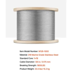 VEVOR 1/8" Stainless Steel Cable 1000FT, T316 1 x 19 Tighter Core Cable Railing System Wire Rope Aircraft Deck Railing Kit Fence Wire