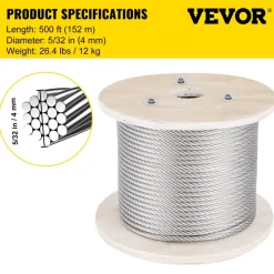 VEVOR 316 Stainless Steel Cable, 500FT Stainless Steel Wire Rope of 5/32 Inch Diameter and 1x19 Construction, 3300 LBS Breaking Strength Steel Cable for Outdoor Railing Decking DIY Balustrade