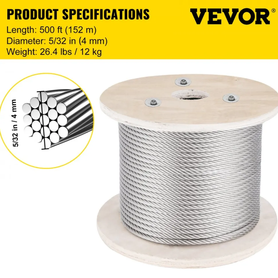 VEVOR 316 Stainless Steel Cable, 500FT Stainless Steel Wire Rope of 5/32 Inch Diameter and 1x19 Construction, 3300 LBS Breaking Strength Steel Cable for Outdoor Railing Decking DIY Balustrade