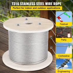 VEVOR 316 Stainless Steel Cable, 500FT Stainless Steel Wire Rope of 5/32 Inch Diameter and 1x19 Construction, 3300 LBS Breaking Strength Steel Cable for Outdoor Railing Decking DIY Balustrade