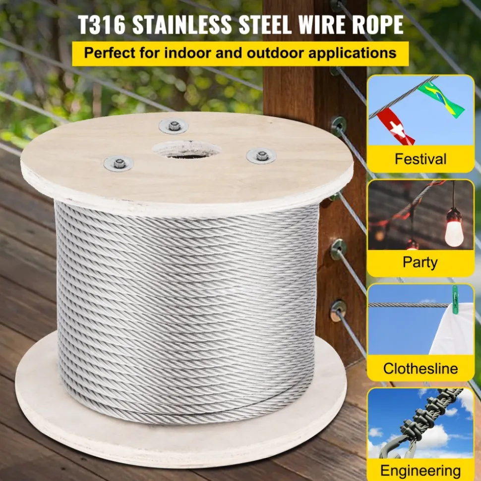 VEVOR 316 Stainless Steel Cable, 500FT Stainless Steel Wire Rope of 5/32 Inch Diameter and 1x19 Construction, 3300 LBS Breaking Strength Steel Cable for Outdoor Railing Decking DIY Balustrade