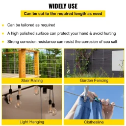 VEVOR 316 Stainless Steel Cable, 500FT Stainless Steel Wire Rope of 5/32 Inch Diameter and 1x19 Construction, 3300 LBS Breaking Strength Steel Cable for Outdoor Railing Decking DIY Balustrade