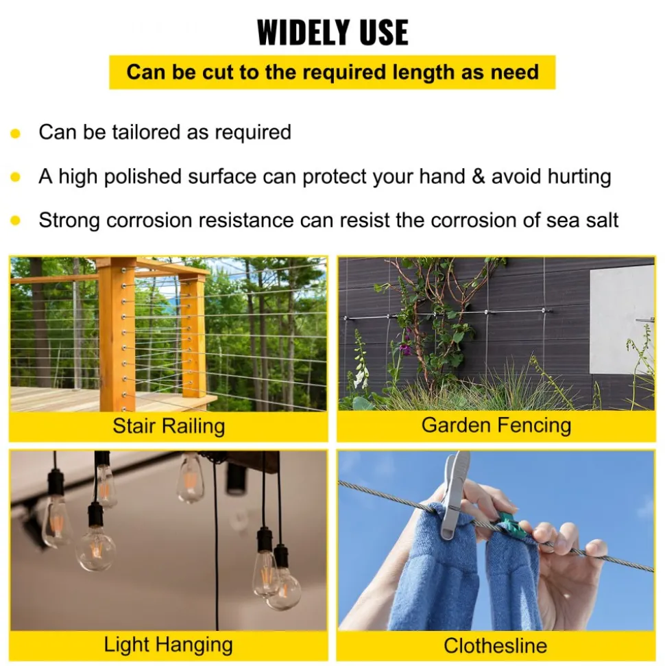 VEVOR 316 Stainless Steel Cable, 500FT Stainless Steel Wire Rope of 5/32 Inch Diameter and 1x19 Construction, 3300 LBS Breaking Strength Steel Cable for Outdoor Railing Decking DIY Balustrade
