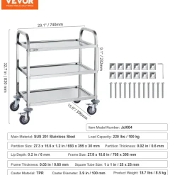 VEVOR Stainless Steel Cart, 3 Layers Lab Utility Cart 400 lbs Weight Capacity, Medical Cart with Lockable Universal Wheels, for Lab, Clinic, Kitchen, Salon