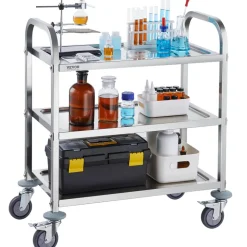 VEVOR Stainless Steel Cart, 3 Layers Lab Utility Cart 400 lbs Weight Capacity, Medical Cart with Lockable Universal Wheels, for Lab, Clinic, Kitchen, Salon