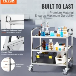 VEVOR Stainless Steel Cart, 3 Layers Lab Utility Cart 400 lbs Weight Capacity, Medical Cart with Lockable Universal Wheels, for Lab, Clinic, Kitchen, Salon