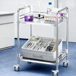 VEVOR Stainless Steel Cart, 2-Tier Rolling Lab Utility Cart with Lockable Wheels, Medical Serving Trolley Clinic Tray, Heavy Duty Mobile Service Storage Tray for Hospital, Restaurant, Kitchen, Salon