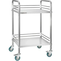 VEVOR Stainless Steel Cart, 2-Tier Rolling Lab Utility Cart with Lockable Wheels, Medical Serving Trolley Clinic Tray, Heavy Duty Mobile Service Storage Tray for Hospital, Restaurant, Kitchen, Salon
